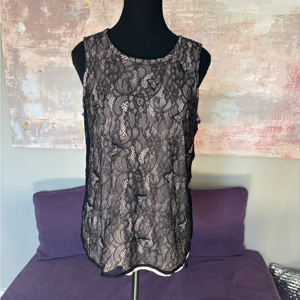 RW&CO. Light Taupe and Black Lace  Blouse‎ with Beading Size Large